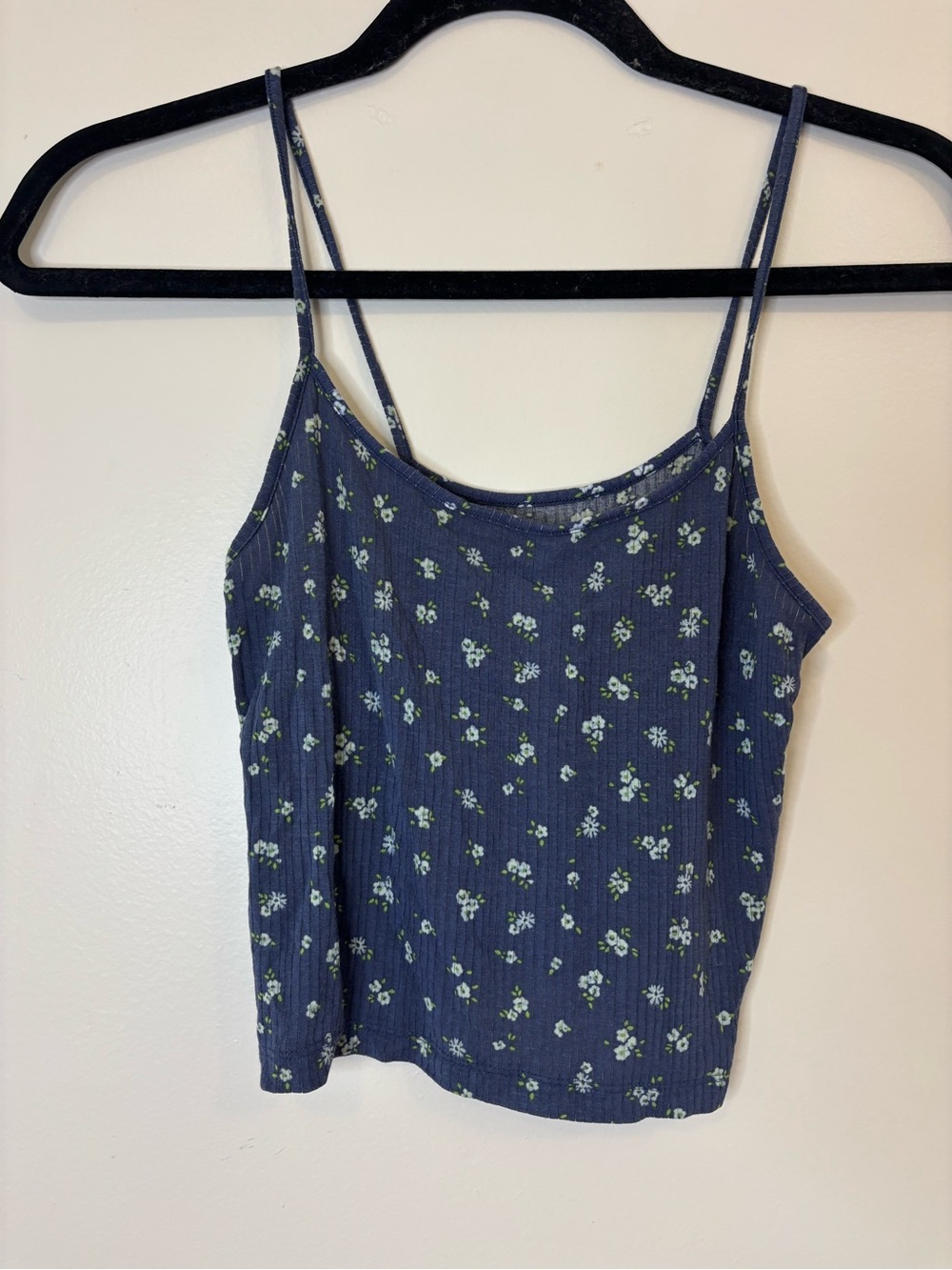 Blue Floral Ribbed Camisole Tank Top